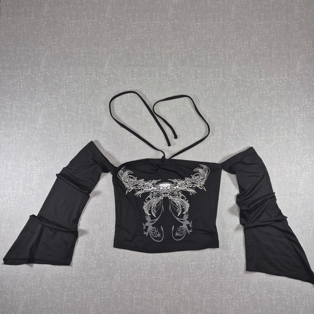 Romwe Black Cyber Y2K Graphic Halter Flared Sleeve Top Small Off Shoulders